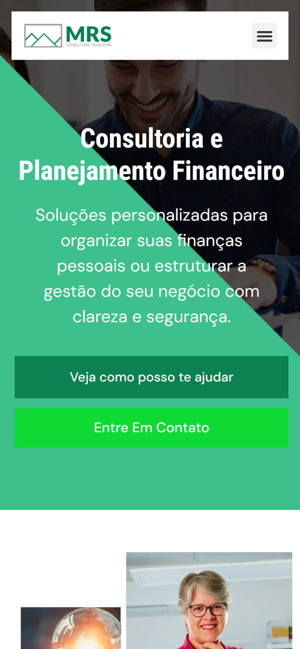 Primeira tela do site MRS Consultoria Financeira no celular.