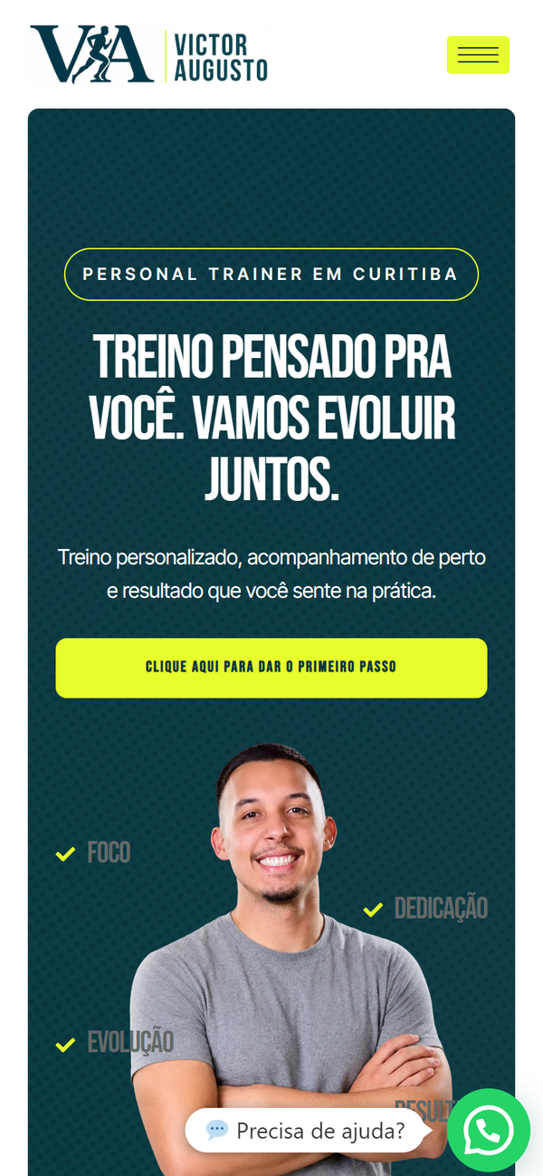 Primeira tela do site Victor Personal Trainer no celular.