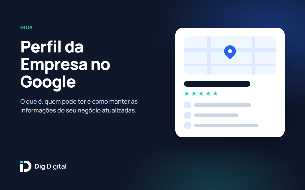 Ilustração de uma ficha de empresa com mapa, avaliações e informações de contato, ao lado do título Perfil da Empresa no Google